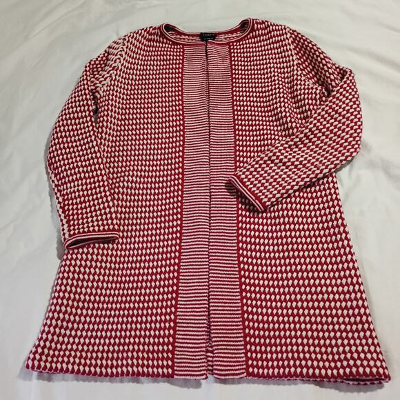 Talbots Merino Wool Small Long Cardigan Sweater Diamond Pattern Red/White - Picture 7 of 13